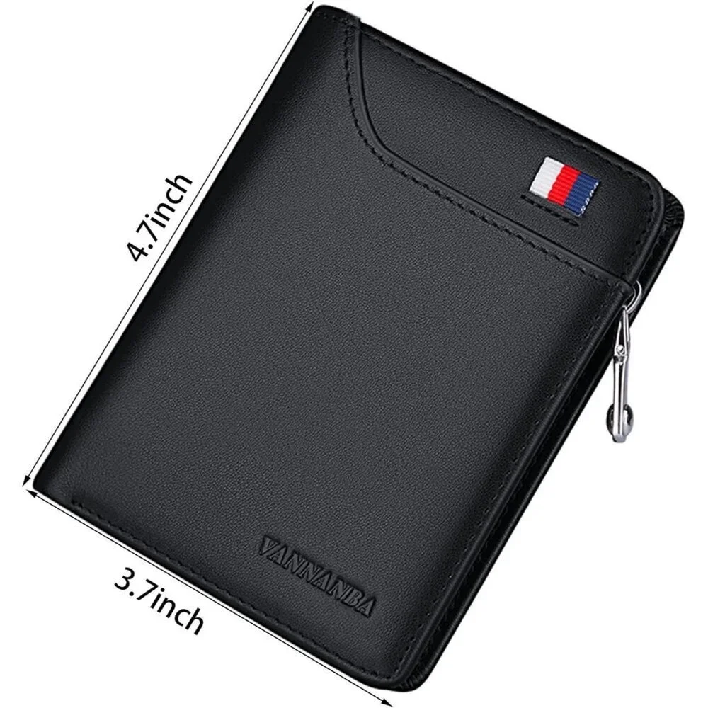Men's Wallets Card Black Genuine Leather Slim Front Zipper Coin Pocket Design